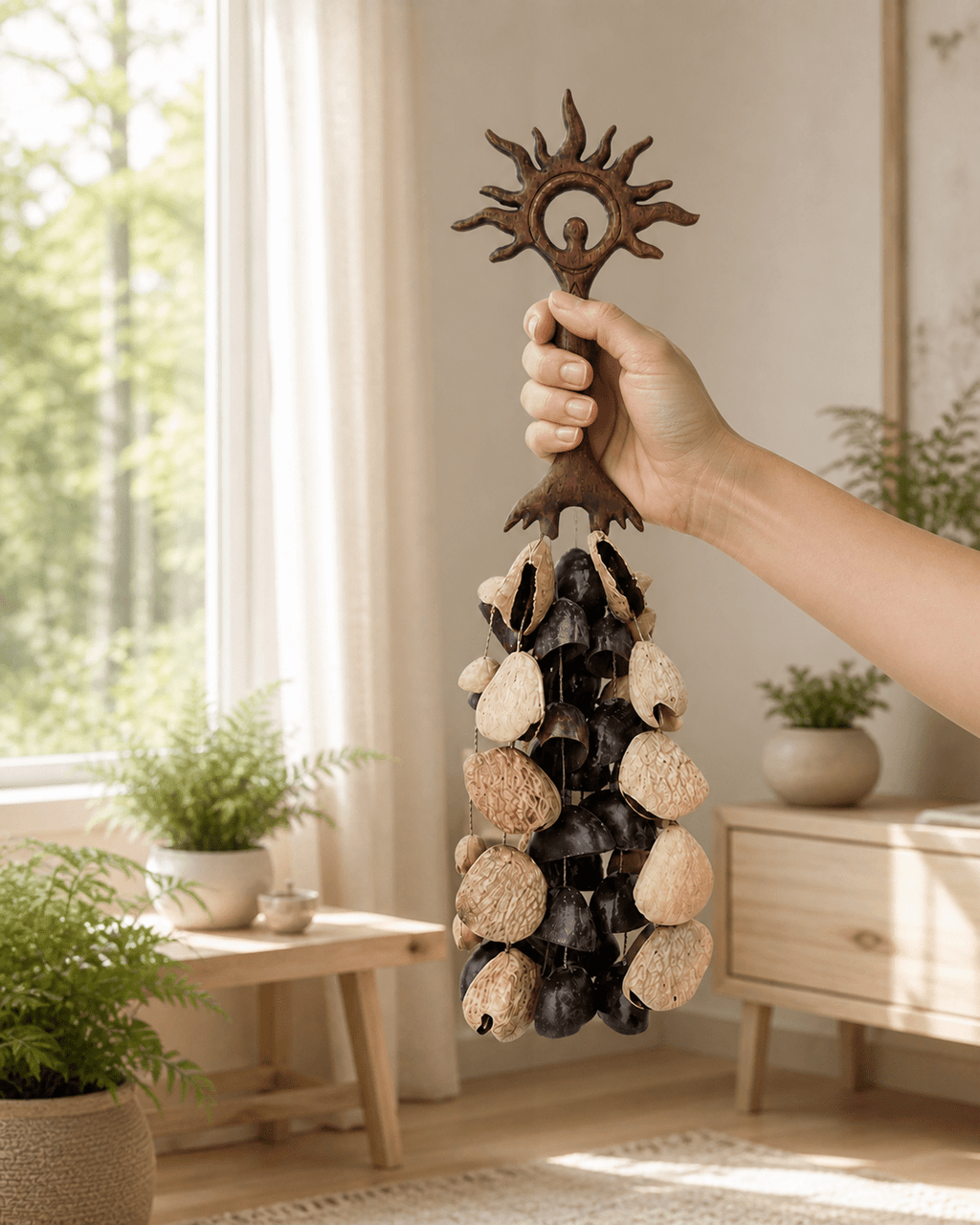 Meditation Hand Rattle | Sun & Light Goddess, 2 Fruit-Shell Styles - Yunicrafts