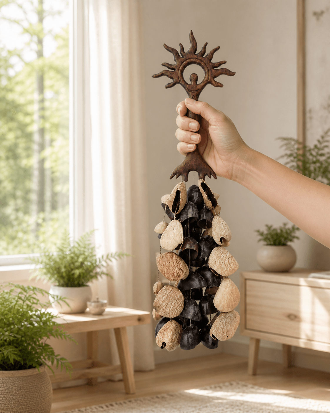 Meditation Hand Rattle | Sun & Light Goddess, 2 Fruit-Shell Styles - Yunicrafts