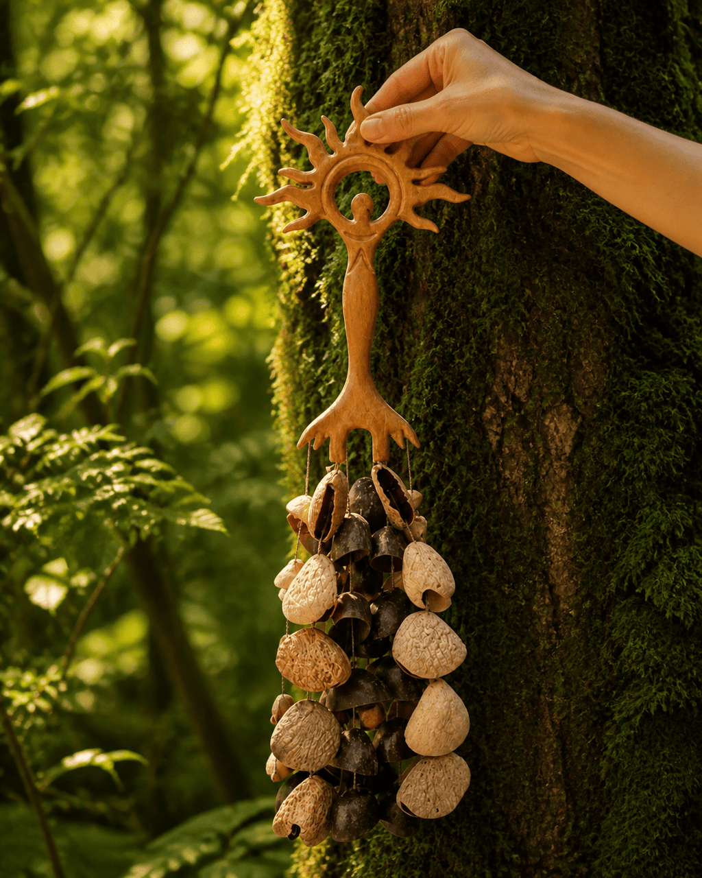 Meditation Hand Rattle | Sun & Light Goddess, 2 Fruit-Shell Styles - Yunicrafts