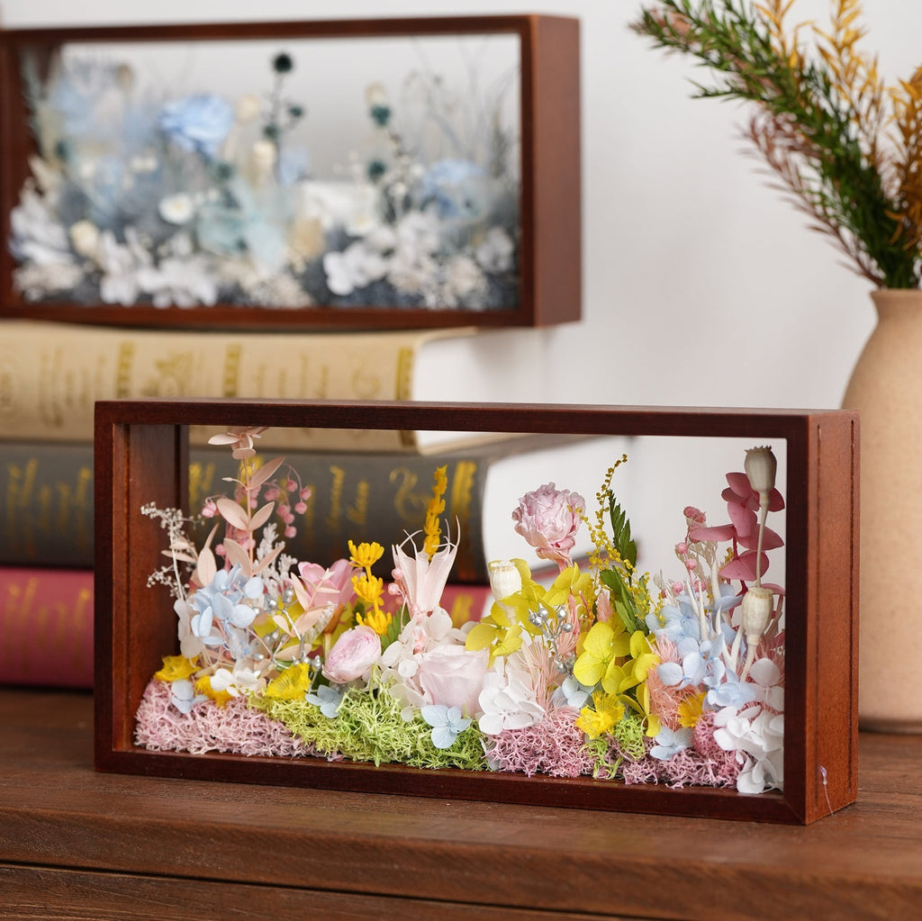"Micro Landscape Frame" - Real Preserved Flower Mini Garden Shadow Box (Panoramic Desk Decor) - Yunicrafts