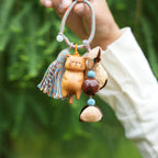 "The Naptime Kitty" - Hand - Carved Wooden Cat Charm with Natural Seeds & Tassel - Yunicrafts