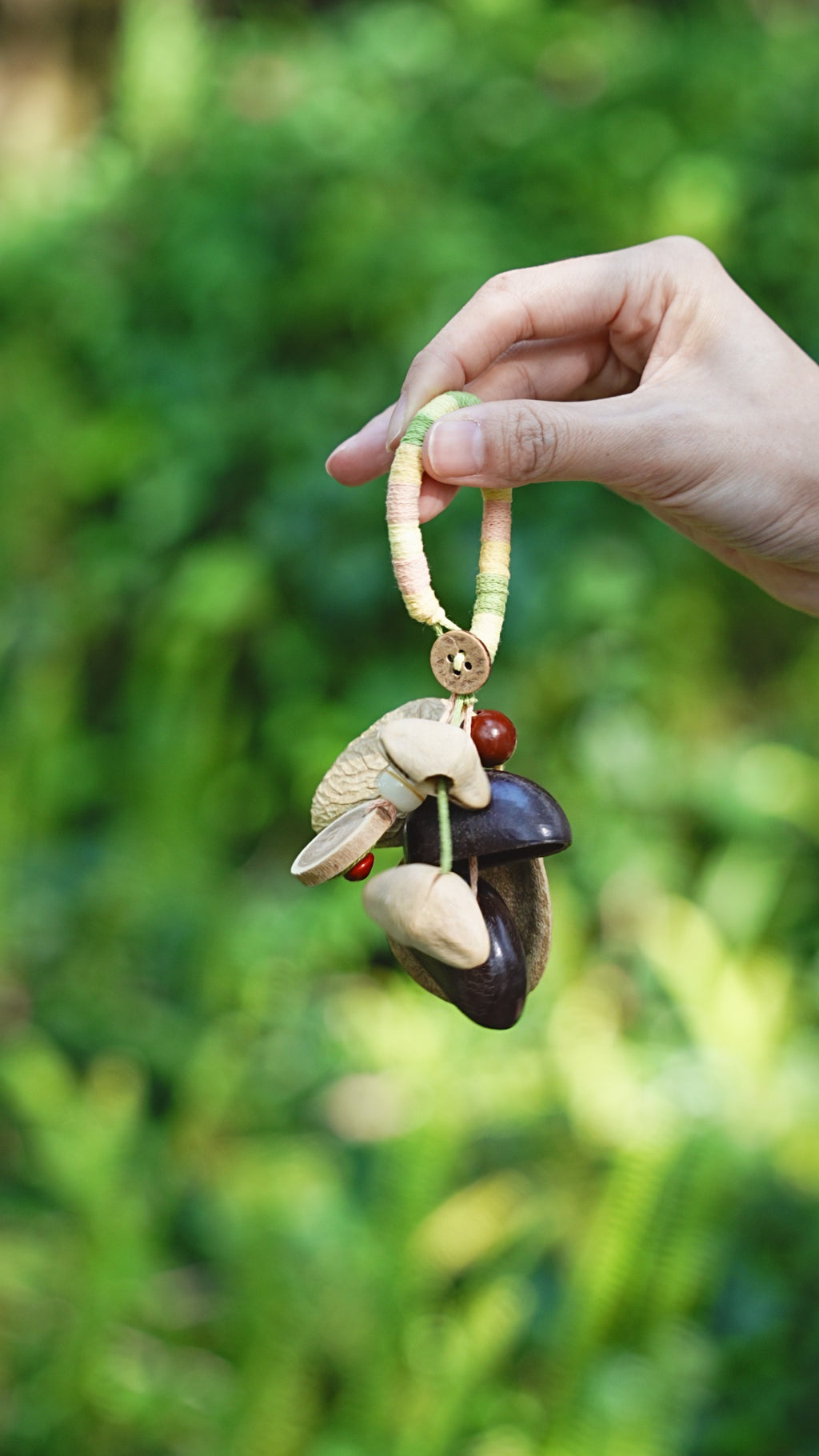 "The Pastel Picnic" - Hand-Wrapped Yarn Charm with Olive Detail & Seed Pods