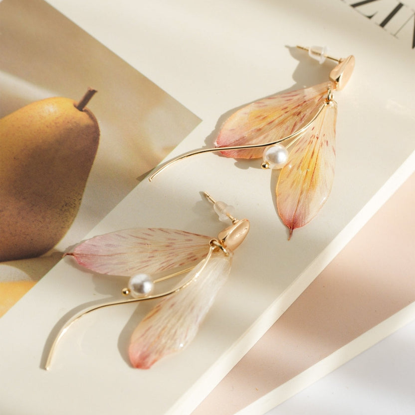 Real Alstroemeria Petal Earrings - "Fairy Wings" Translucent Floral Jewelry - Yunicrafts