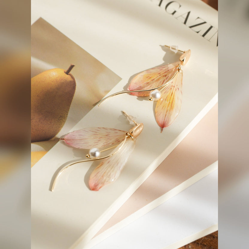 Real Alstroemeria Petal Earrings - "Fairy Wings" Translucent Floral Jewelry - Yunicrafts