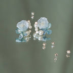 Real Blue Hydrangea Earrings with Pearl & Crystal Drop - "Raindrop Waltz" Botanical Jewelry - Yunicrafts