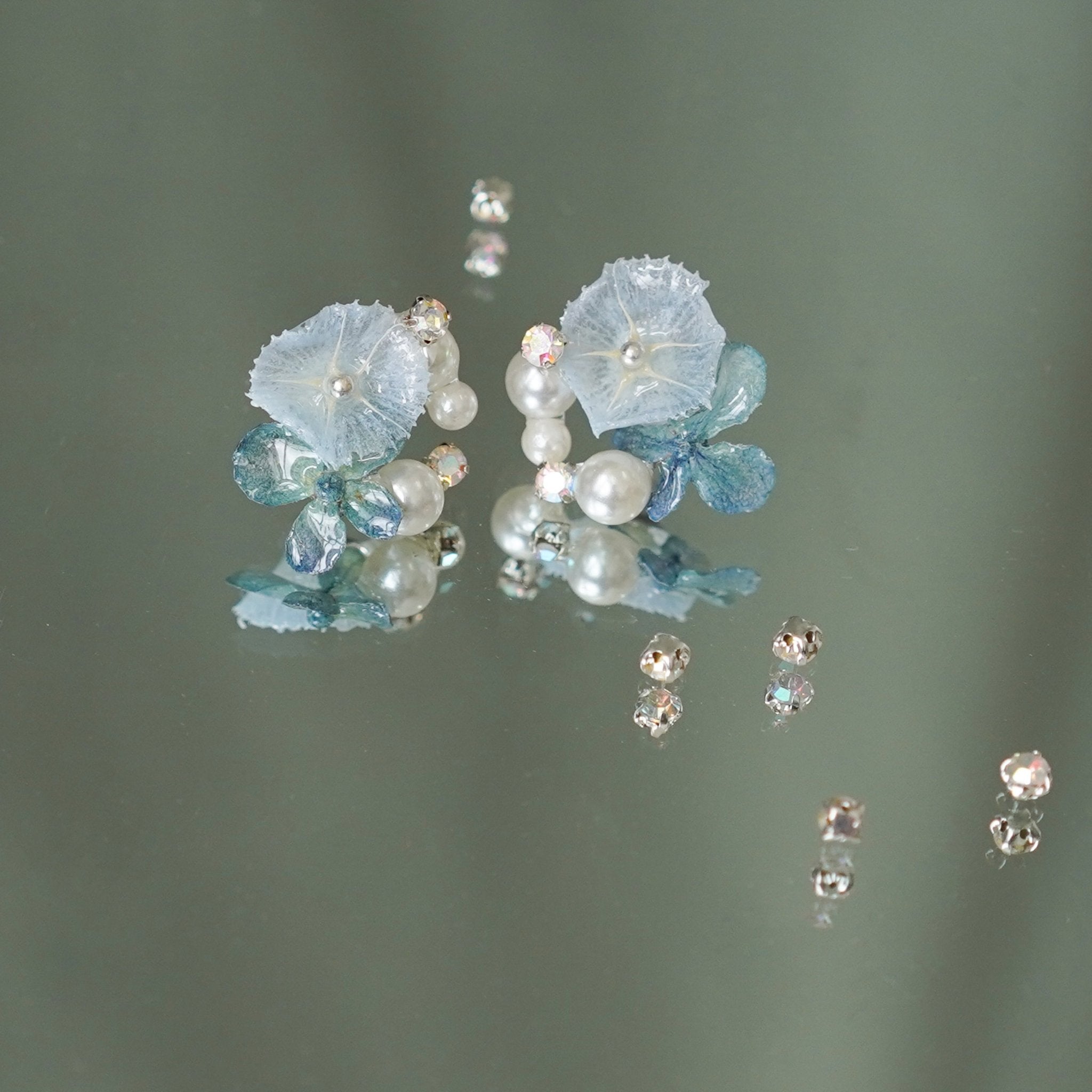Real Blue Hydrangea Earrings with Pearl & Crystal Drop - "Raindrop Waltz" Botanical Jewelry - Yunicrafts