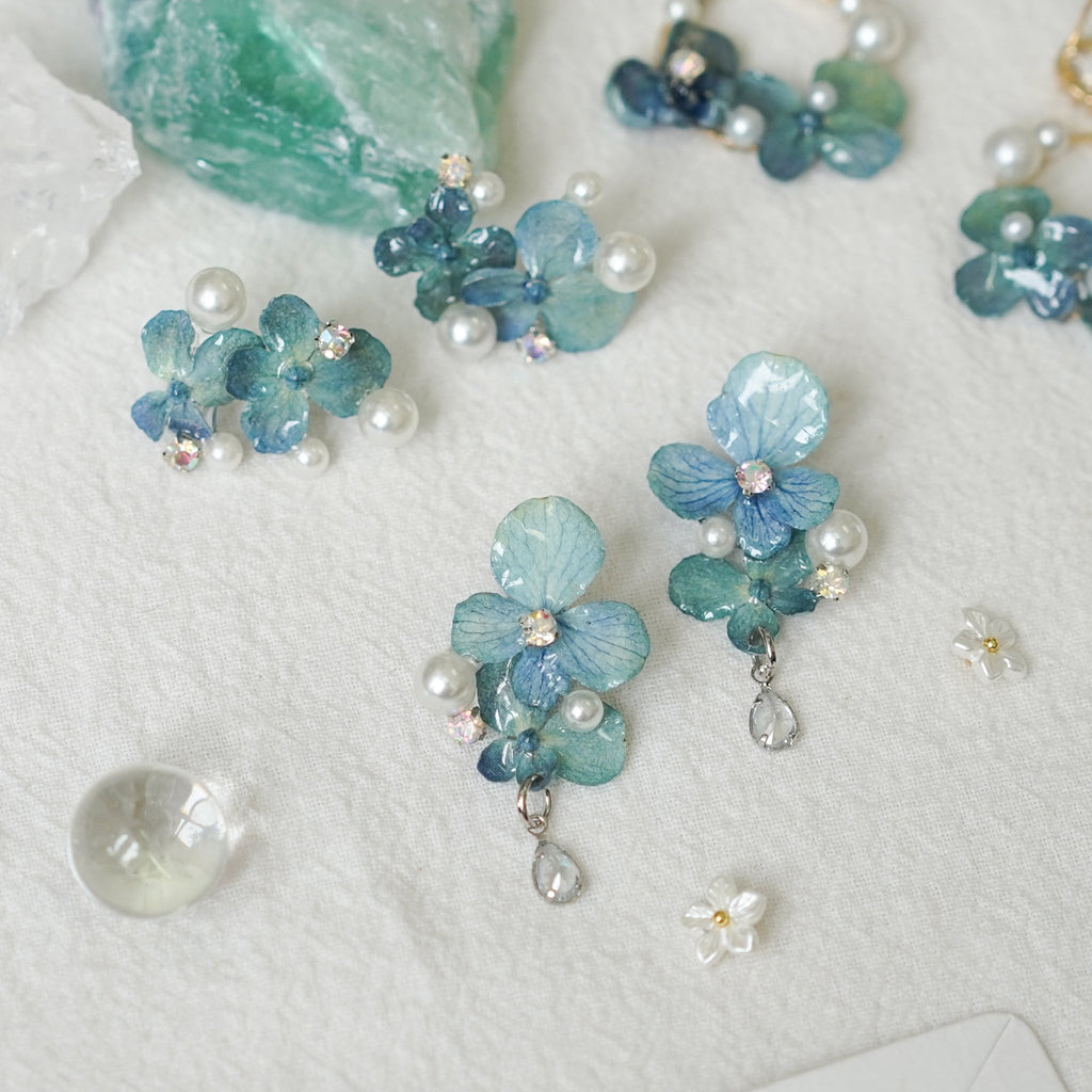 Real Blue Hydrangea Earrings with Pearl & Crystal Drop - "Raindrop Waltz" Botanical Jewelry - Yunicrafts
