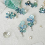 Real Blue Hydrangea Earrings with Pearl & Crystal Drop - "Raindrop Waltz" Botanical Jewelry - Yunicrafts