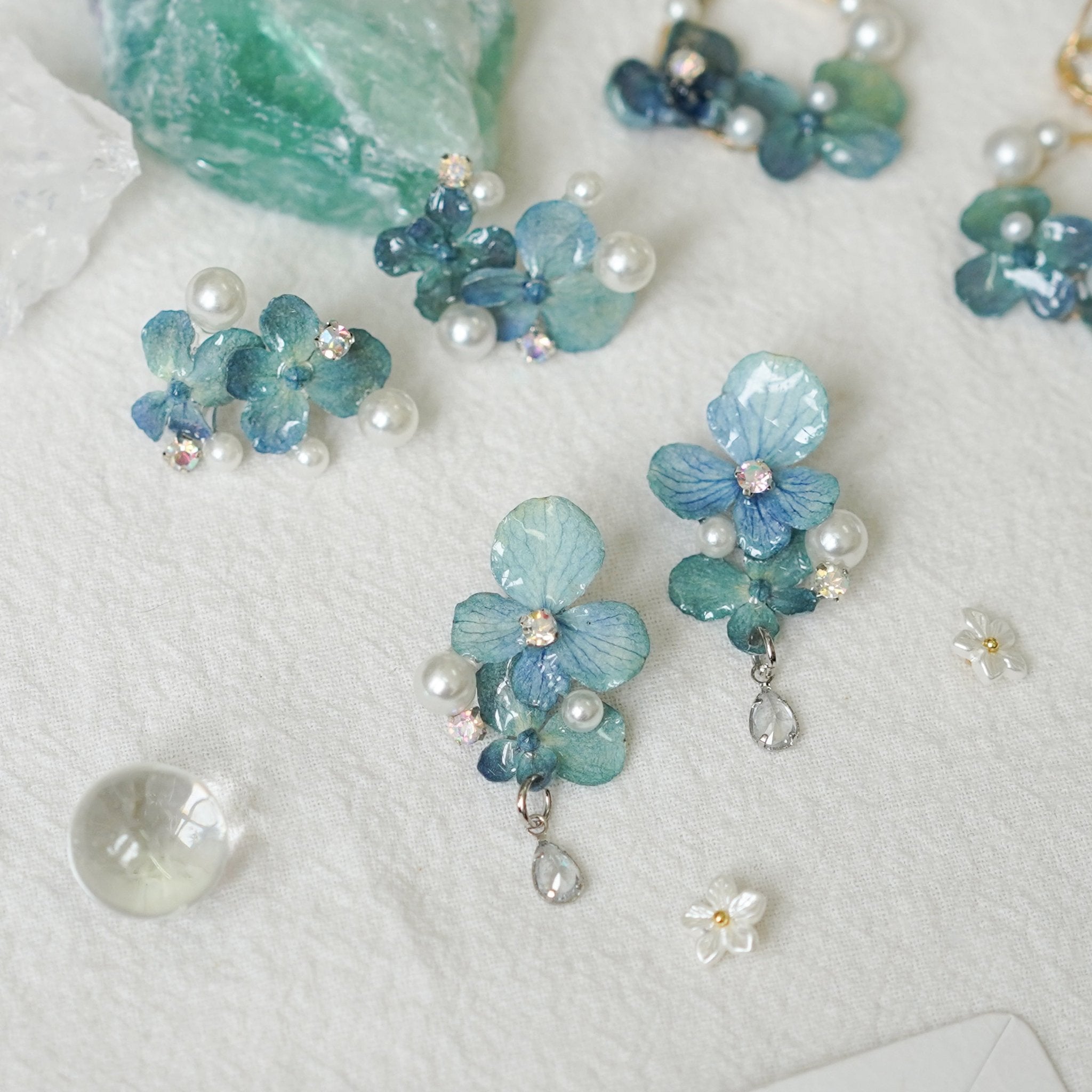 Real Blue Hydrangea Earrings with Pearl & Crystal Drop - "Raindrop Waltz" Botanical Jewelry - Yunicrafts