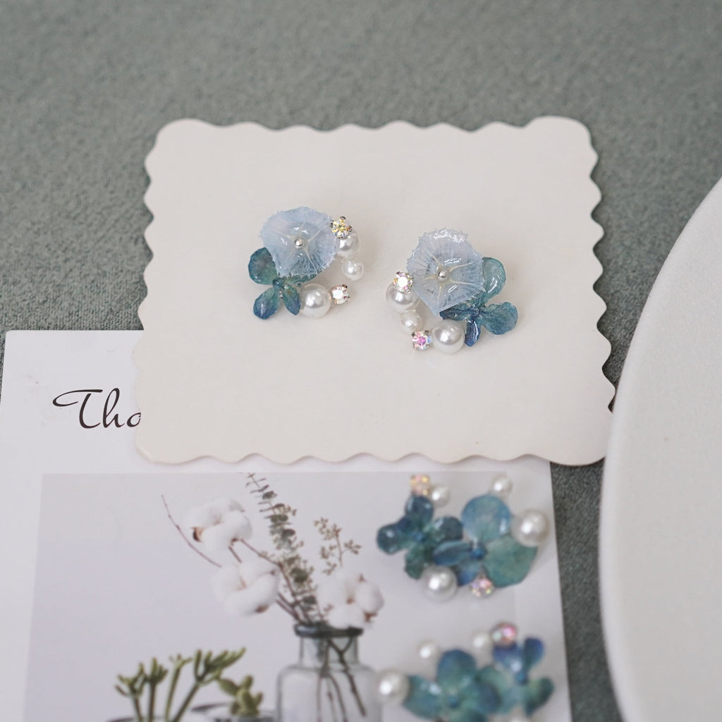 Real Blue Hydrangea Earrings with Pearl & Crystal Drop - "Raindrop Waltz" Botanical Jewelry - Yunicrafts