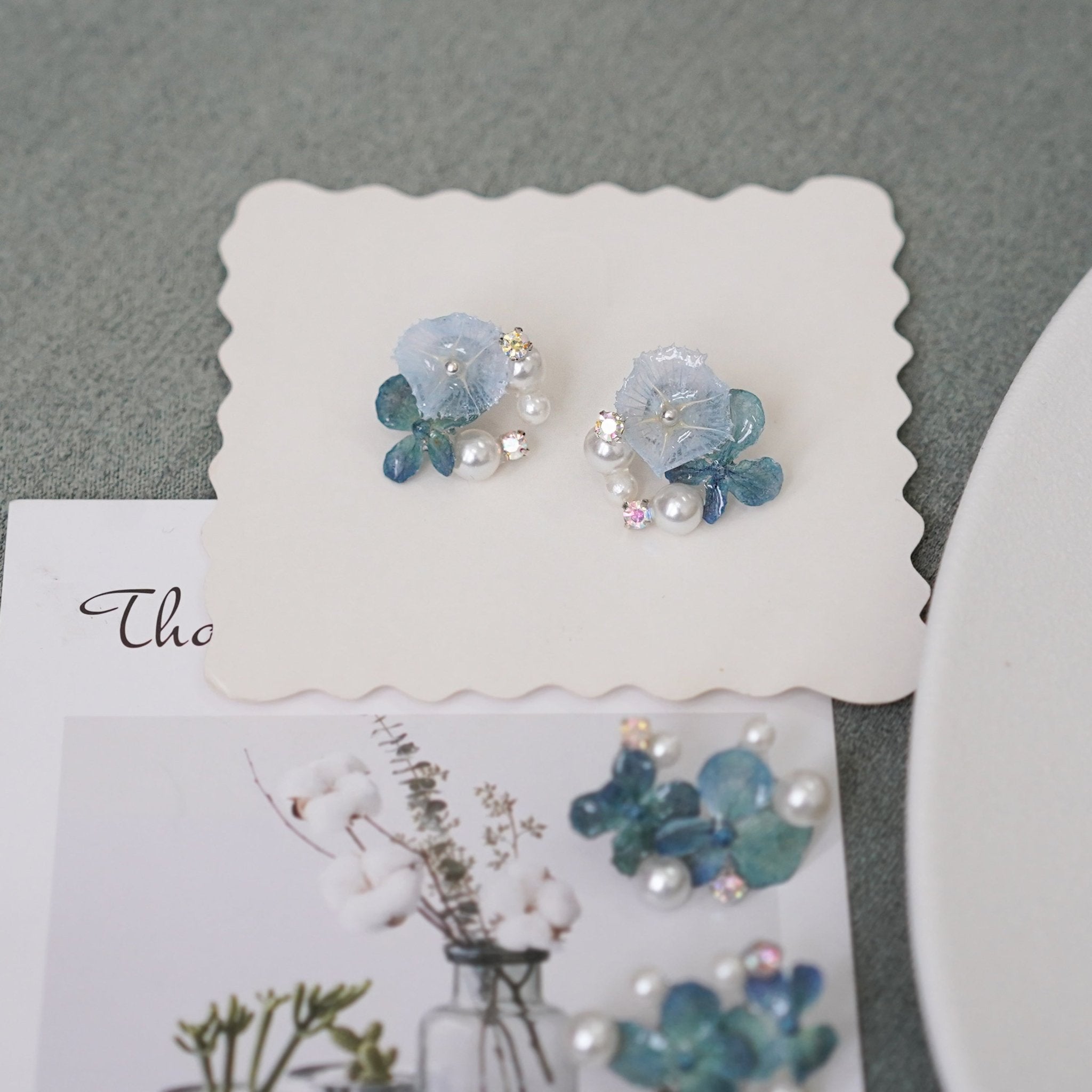Real Blue Hydrangea Earrings with Pearl & Crystal Drop - "Raindrop Waltz" Botanical Jewelry - Yunicrafts