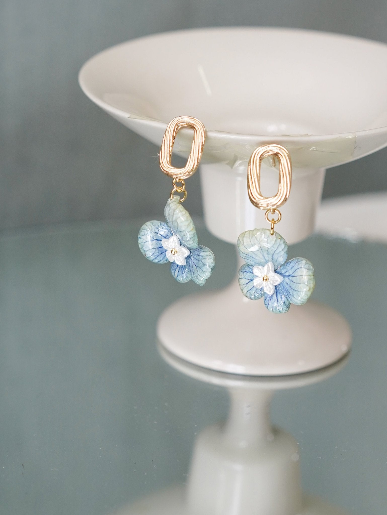 Real Blue Hydrangea Earrings with Pearl & Crystal Drop - "Raindrop Waltz" Botanical Jewelry - Yunicrafts
