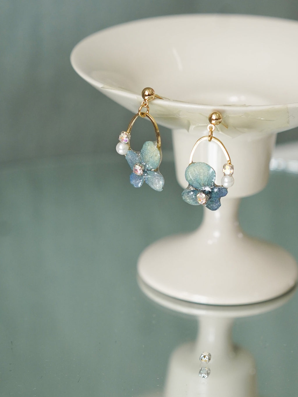 Real Blue Hydrangea Earrings with Pearl & Crystal Drop - "Raindrop Waltz" Botanical Jewelry - Yunicrafts