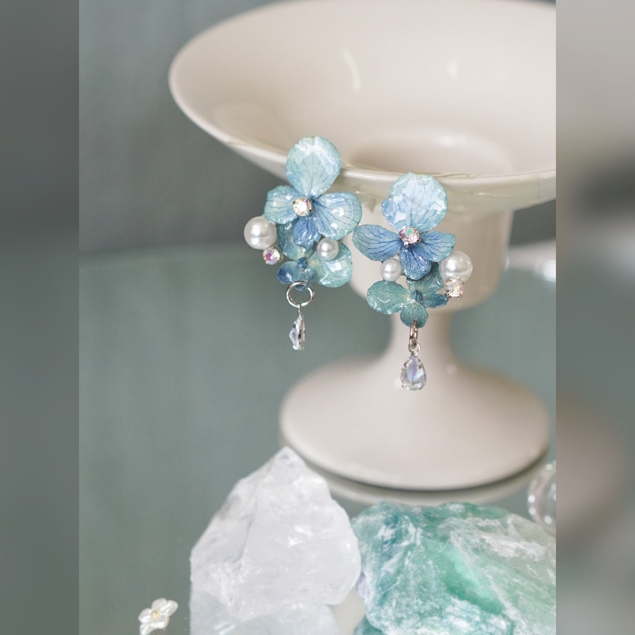 Real Blue Hydrangea Earrings with Pearl & Crystal Drop - "Raindrop Waltz" Botanical Jewelry - Yunicrafts