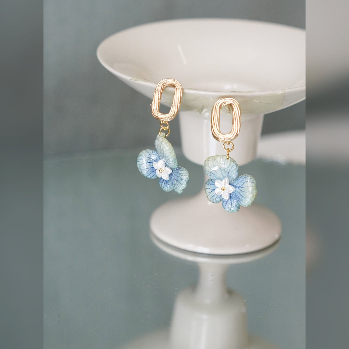 Real Blue Hydrangea Earrings with Pearl & Crystal Drop - "Raindrop Waltz" Botanical Jewelry - Yunicrafts