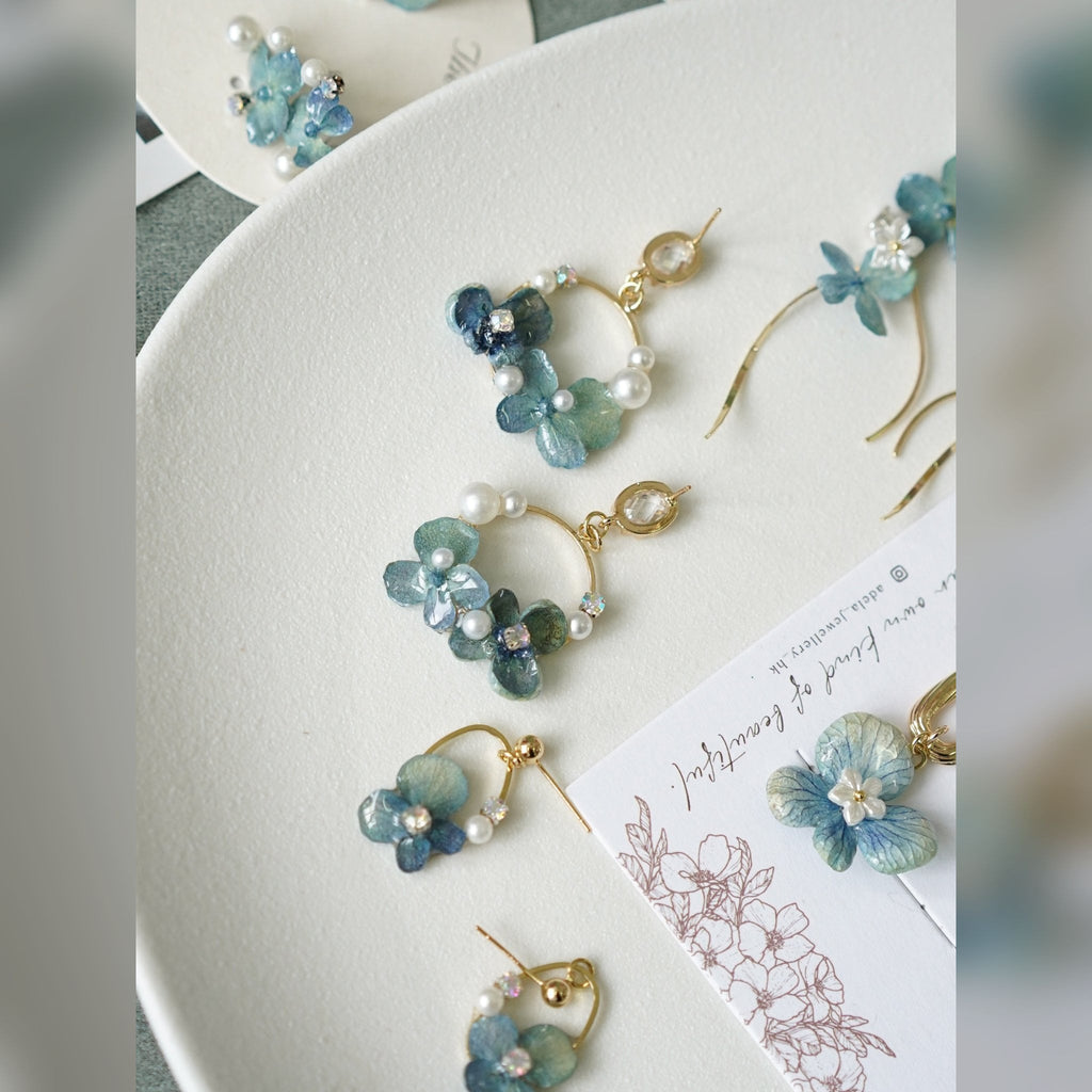 Real Blue Hydrangea Earrings with Pearl & Crystal Drop - "Raindrop Waltz" Botanical Jewelry - Yunicrafts