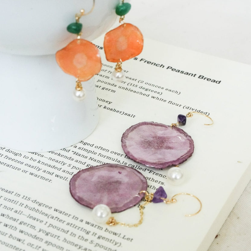 Real Carrot & Purple Sweet Potato Slice Earrings - "Harvest Gem" Vegetable Resin Jewelry - Yunicrafts