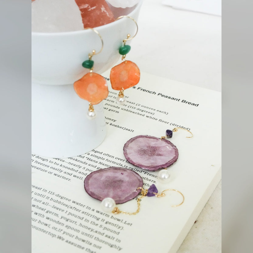Real Carrot & Purple Sweet Potato Slice Earrings - "Harvest Gem" Vegetable Resin Jewelry - Yunicrafts