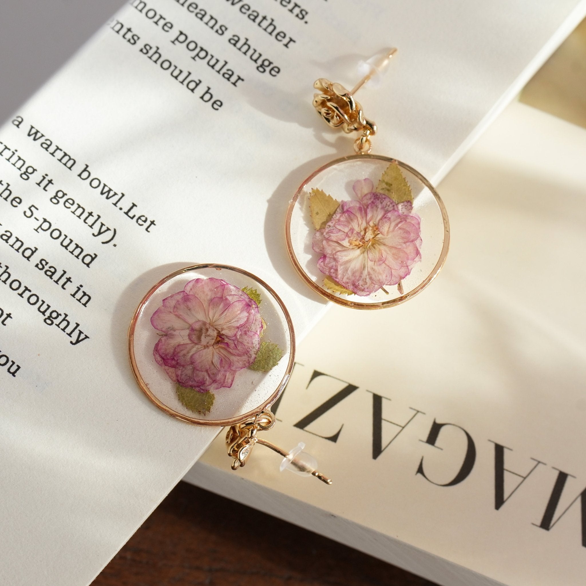 Real Double Cherry Blossom Earrings - "Sakura Dream" Pressed Flower Jewelry - Yunicrafts