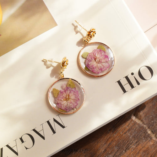 Real Double Cherry Blossom Earrings - "Sakura Dream" Pressed Flower Jewelry - Yunicrafts