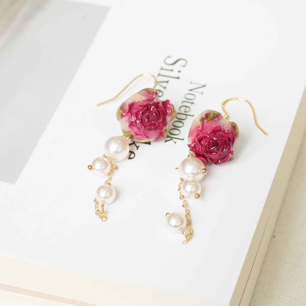 Real Rose Earrings with Pearl Chain - Red Bud & Purple Bloom | Preserved Flower Jewelry - Yunicrafts