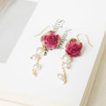 Real Rose Earrings with Pearl Chain - Red Bud & Purple Bloom | Preserved Flower Jewelry - Yunicrafts