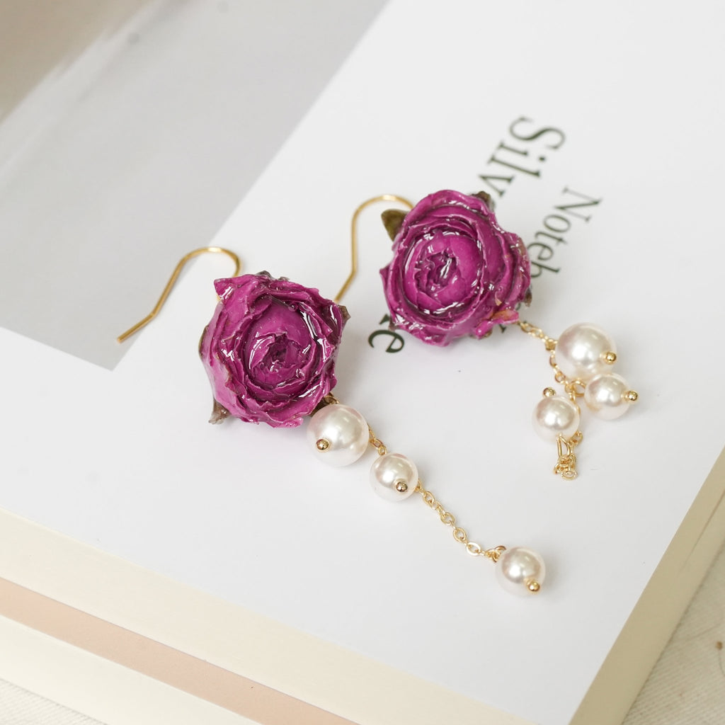 Real Rose Earrings with Pearl Chain - Red Bud & Purple Bloom | Preserved Flower Jewelry - Yunicrafts