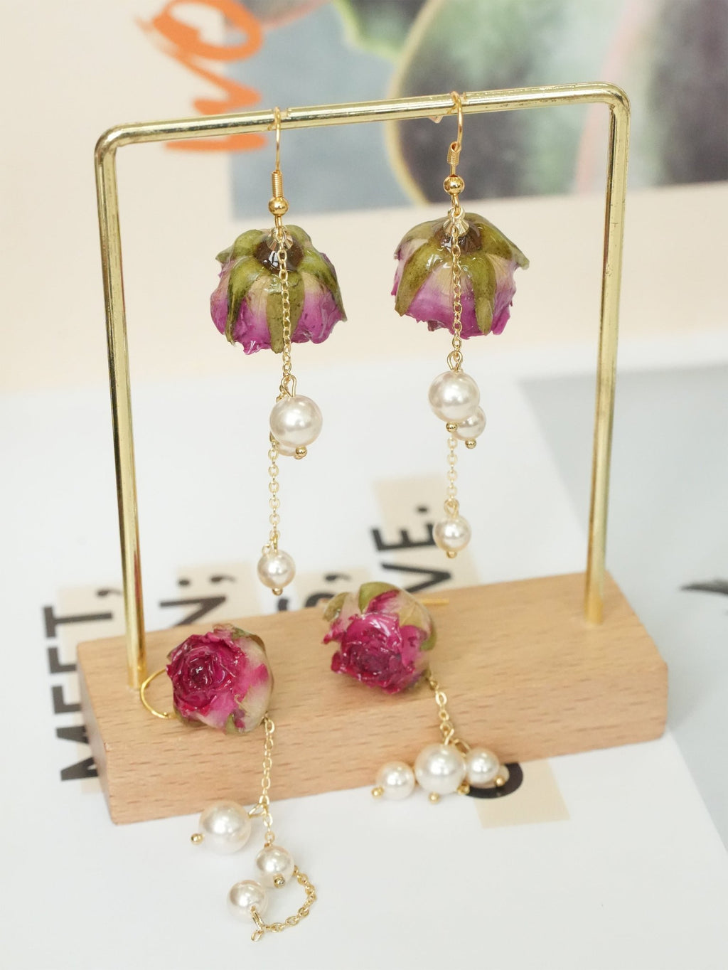 Real Rose Earrings with Pearl Chain - Red Bud & Purple Bloom | Preserved Flower Jewelry - Yunicrafts