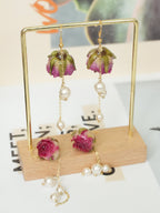 Real Rose Earrings with Pearl Chain - Red Bud & Purple Bloom | Preserved Flower Jewelry - Yunicrafts