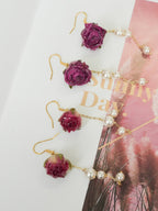 Real Rose Earrings with Pearl Chain - Red Bud & Purple Bloom | Preserved Flower Jewelry - Yunicrafts