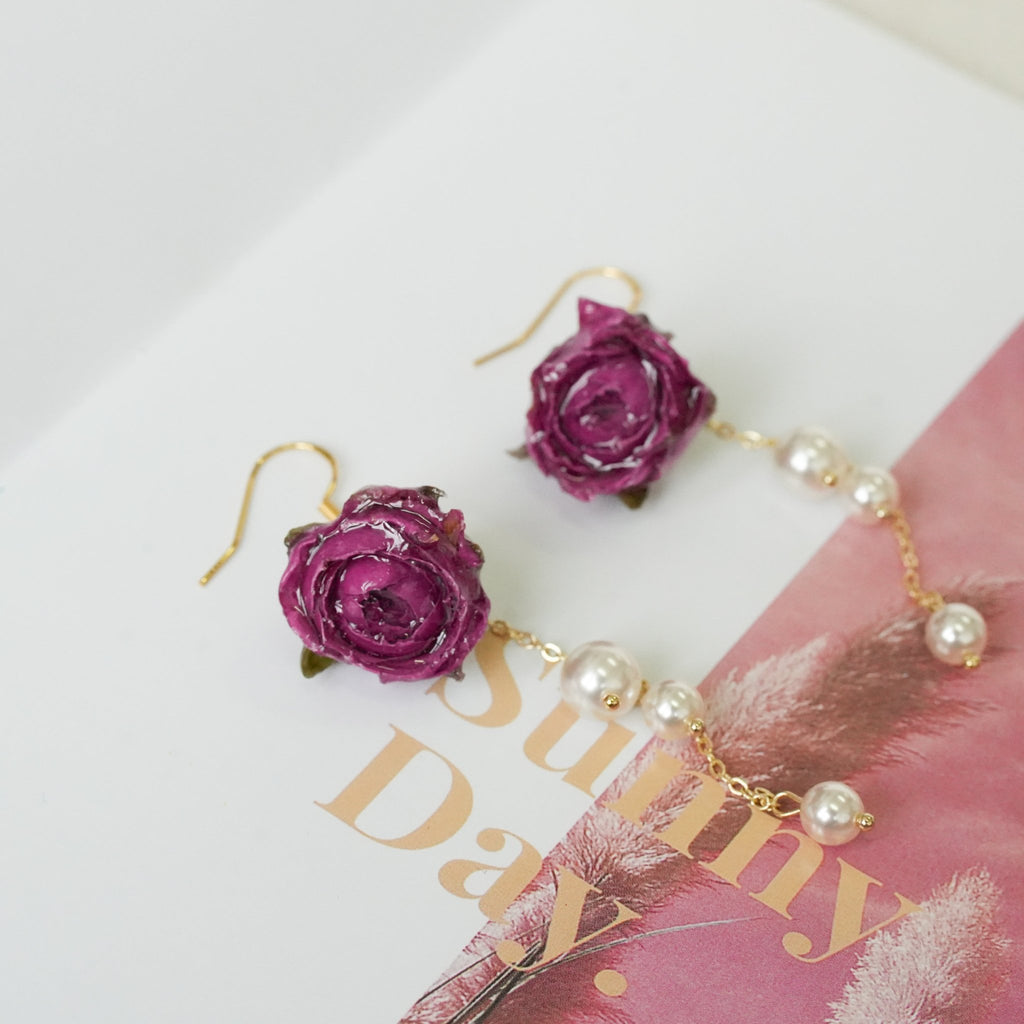 Real Rose Earrings with Pearl Chain - Red Bud & Purple Bloom | Preserved Flower Jewelry - Yunicrafts