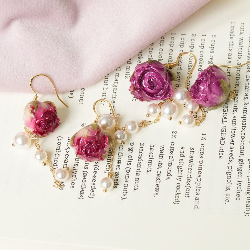 Real Rose Earrings with Pearl Chain - Red Bud & Purple Bloom | Preserved Flower Jewelry - Yunicrafts