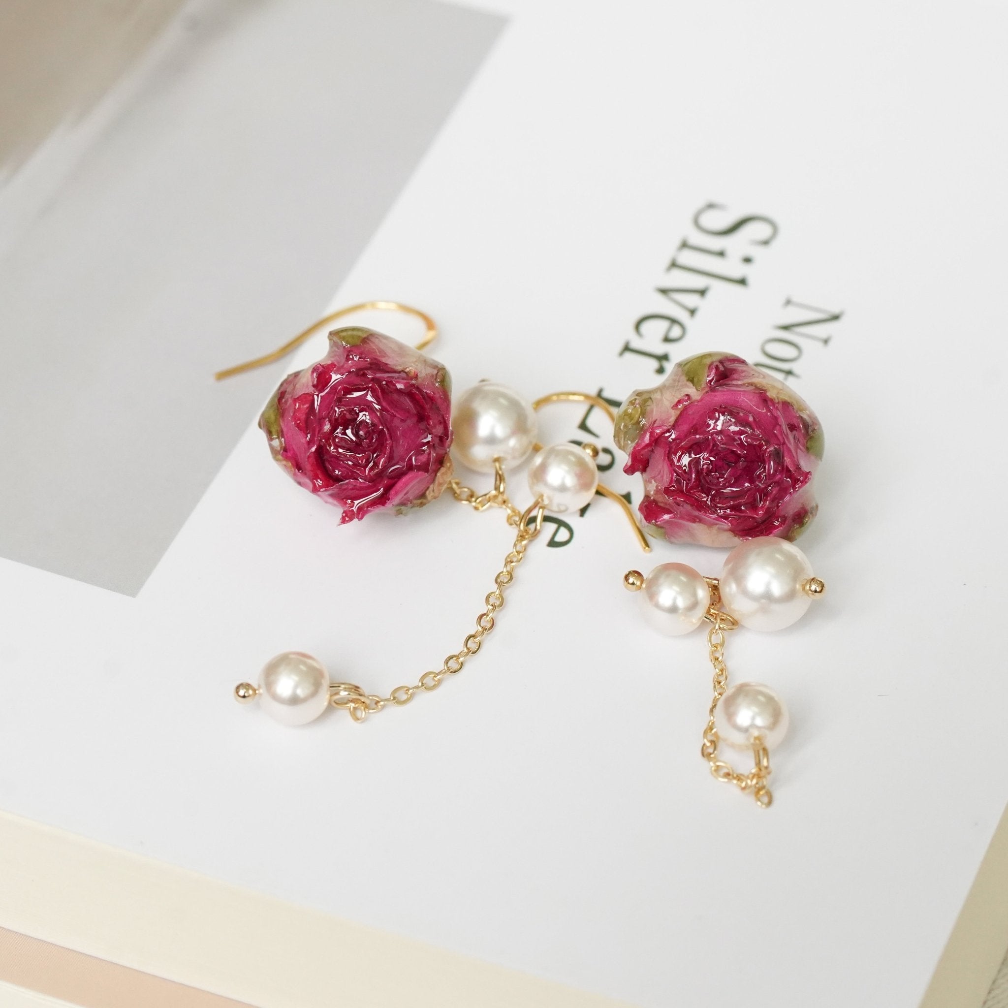 Real Rose Earrings with Pearl Chain - Red Bud & Purple Bloom | Preserved Flower Jewelry - Yunicrafts