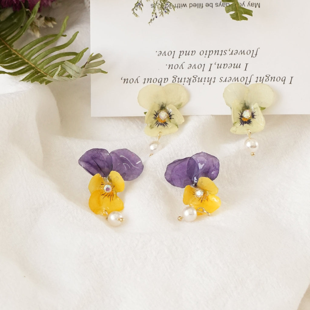 Real Viola Pansy Earrings with Pearl - "The Singing Garden" Pressed Flower Jewelry - Yunicrafts