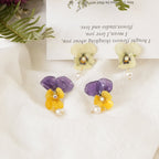 Real Viola Pansy Earrings with Pearl - "The Singing Garden" Pressed Flower Jewelry - Yunicrafts