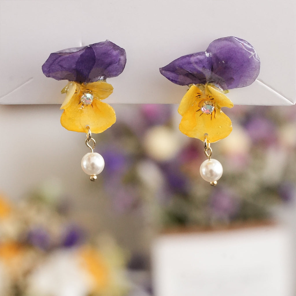 Real Viola Pansy Earrings with Pearl - "The Singing Garden" Pressed Flower Jewelry - Yunicrafts