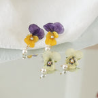 Real Viola Pansy Earrings with Pearl - "The Singing Garden" Pressed Flower Jewelry - Yunicrafts