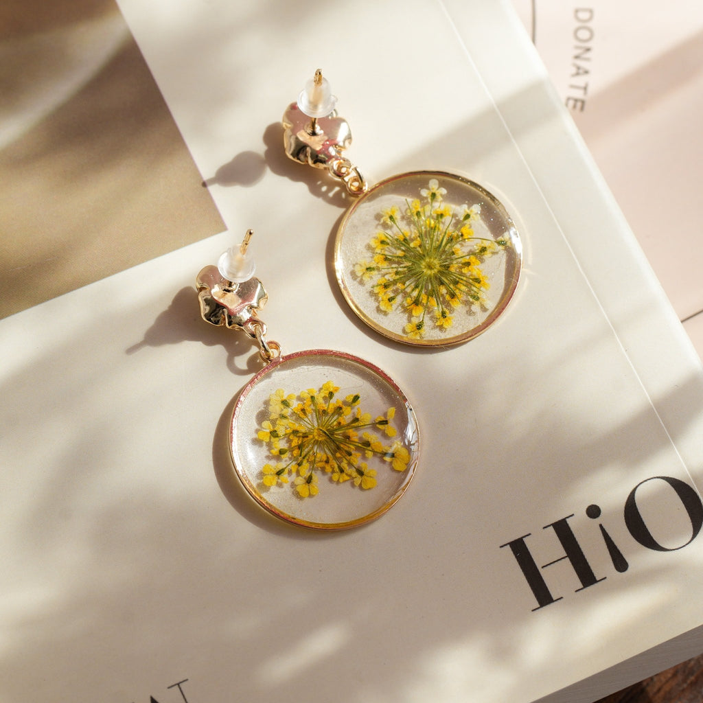 Real Yellow Lace Flower Earrings - "Golden Sunburst" Pressed Botanical Jewelry - Yunicrafts