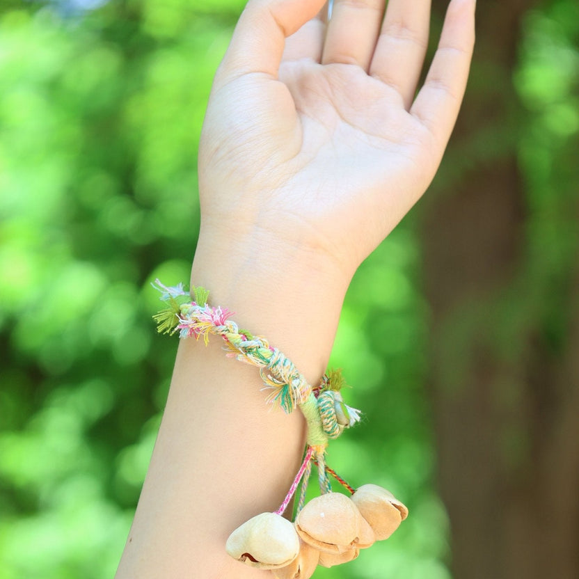 "The Spring Whisper" - Pastel Hand - Woven Bracelet with Nut Shell Bells - Yunicrafts