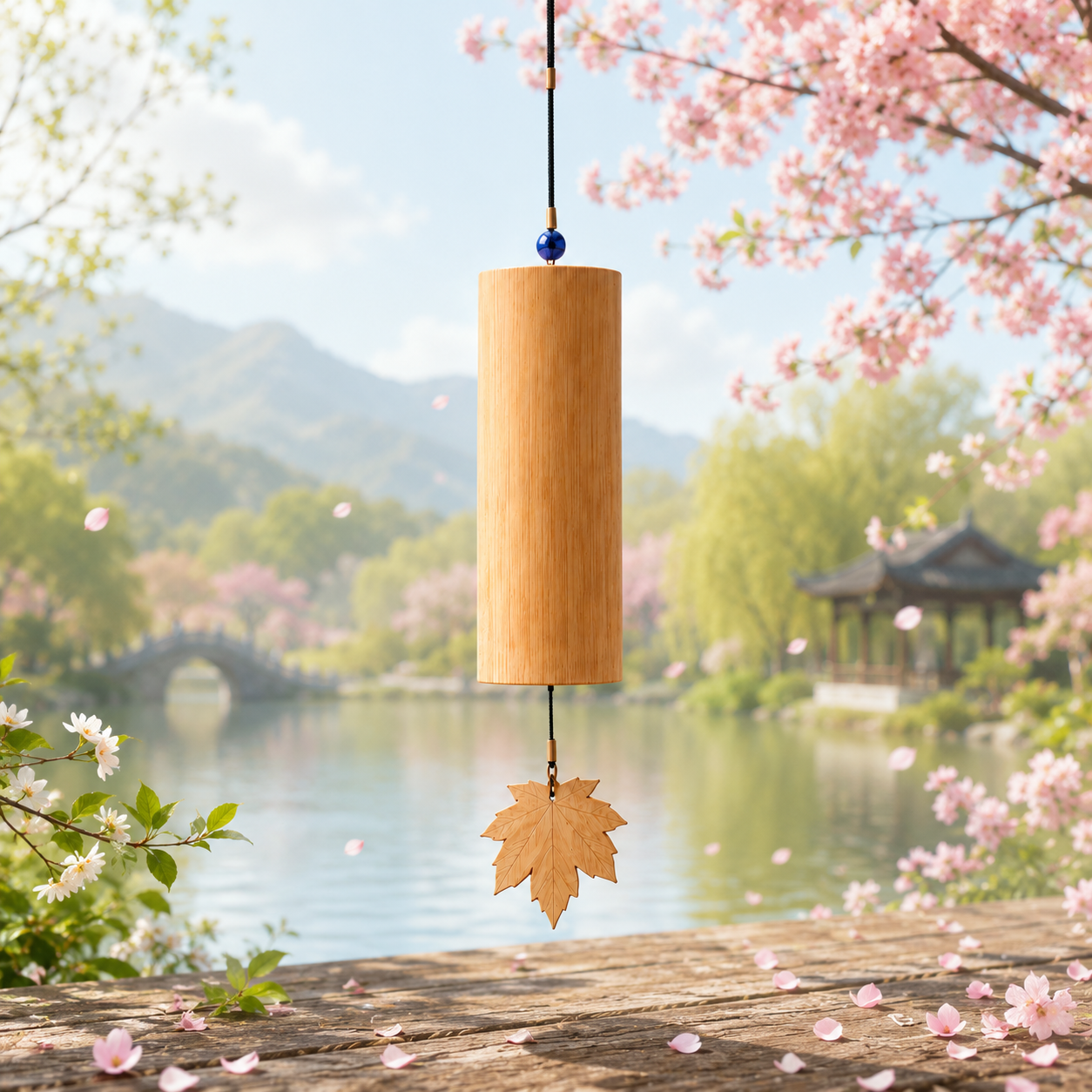 "Zen Bamboo" - Håndlavet naturlig bambus vindklokke med ahornblad