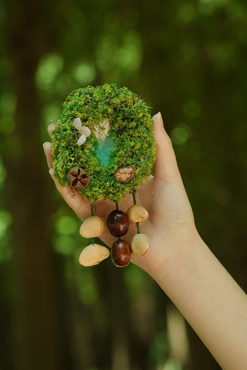 "The Acorn Family" - Handmade Moss Forest Wall Hanging & Seed Mobile - Yunicrafts