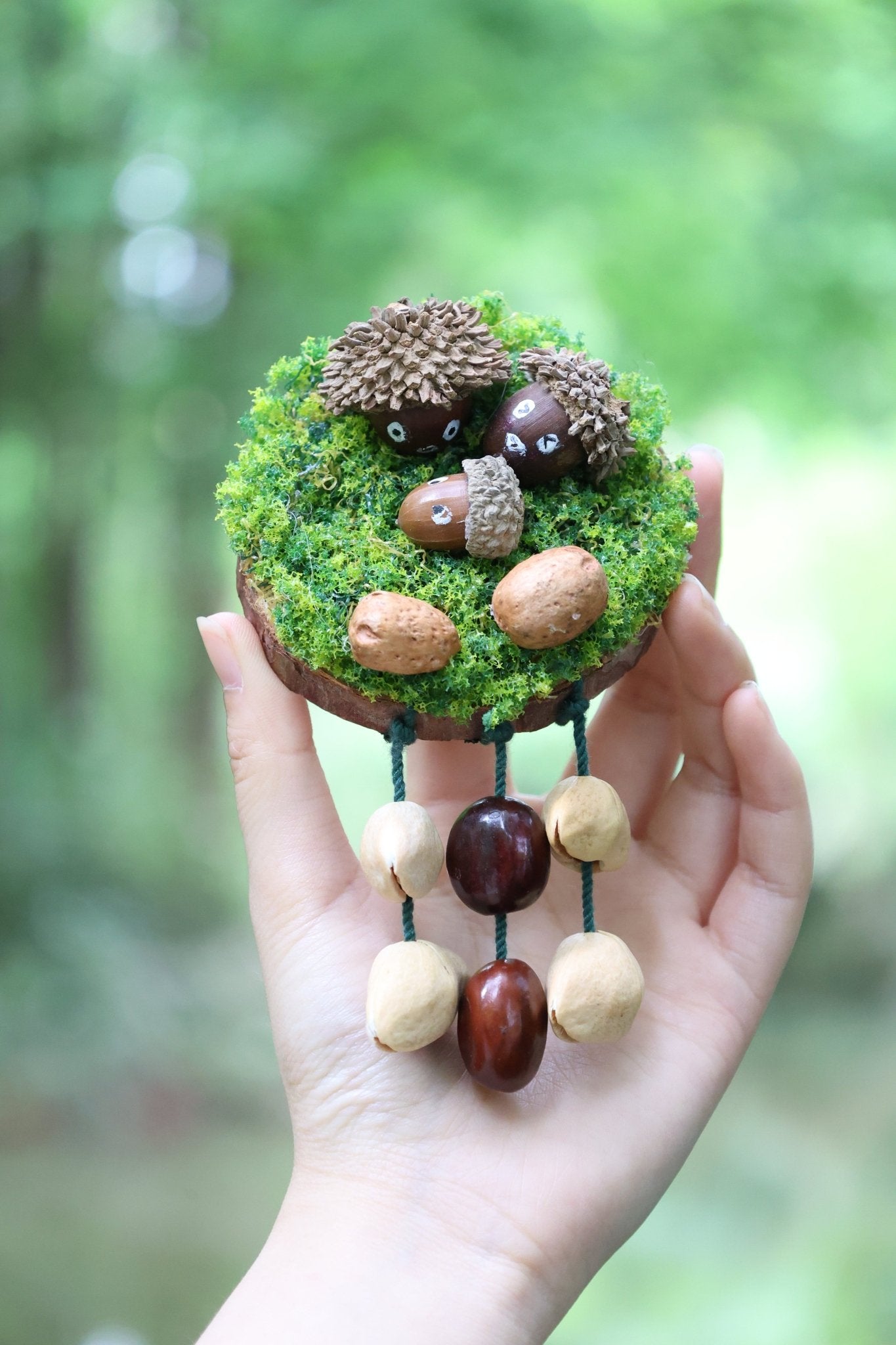 "The Acorn Family" - Handmade Moss Forest Wall Hanging & Seed Mobile - Yunicrafts
