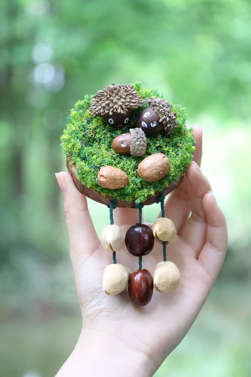 "The Acorn Family" - Handmade Moss Forest Wall Hanging & Seed Mobile - Yunicrafts