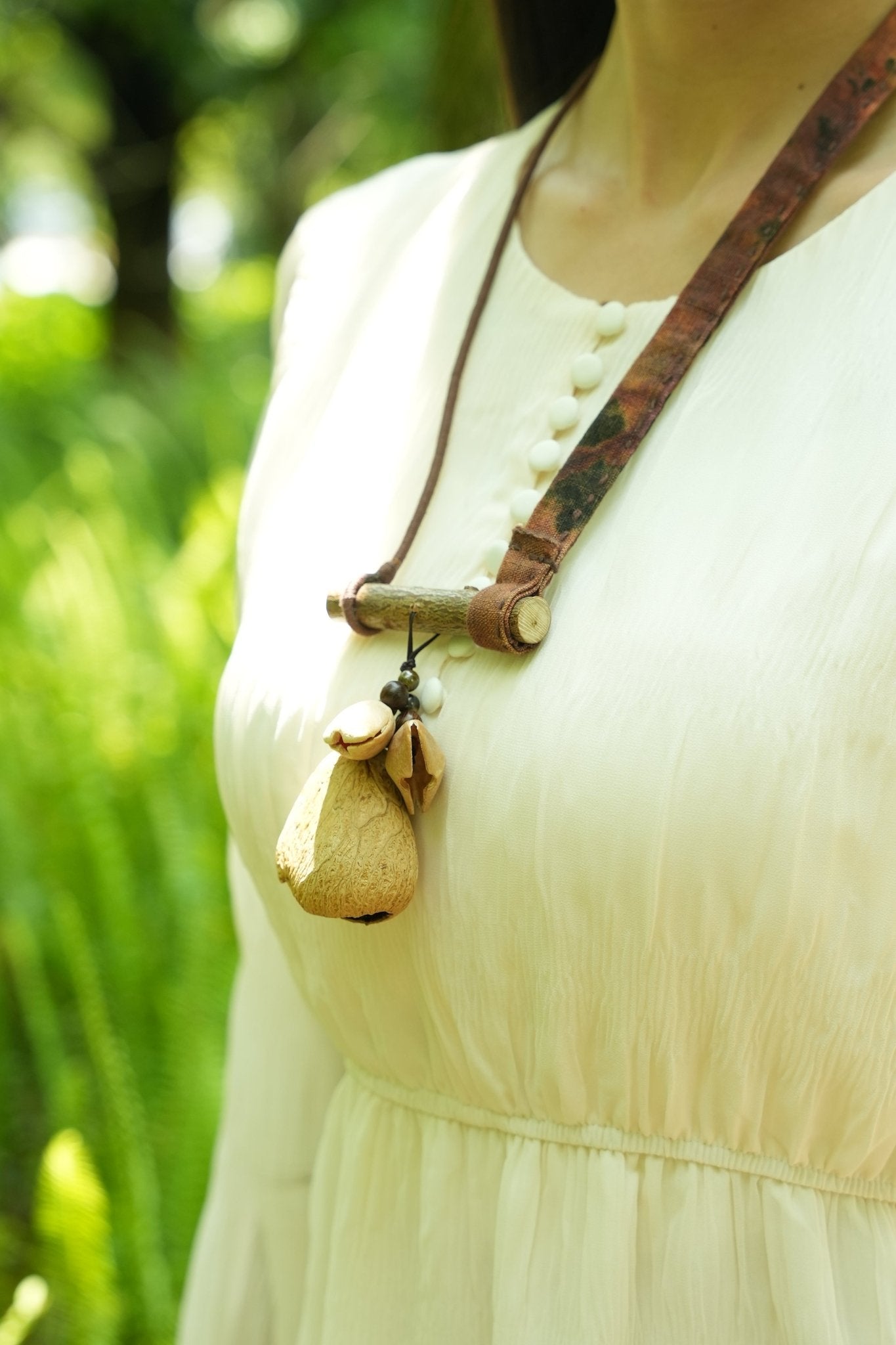 "The Ancient Branch" - Handcrafted Natural Wood & Seed Pod Fabric Necklace - Yunicrafts