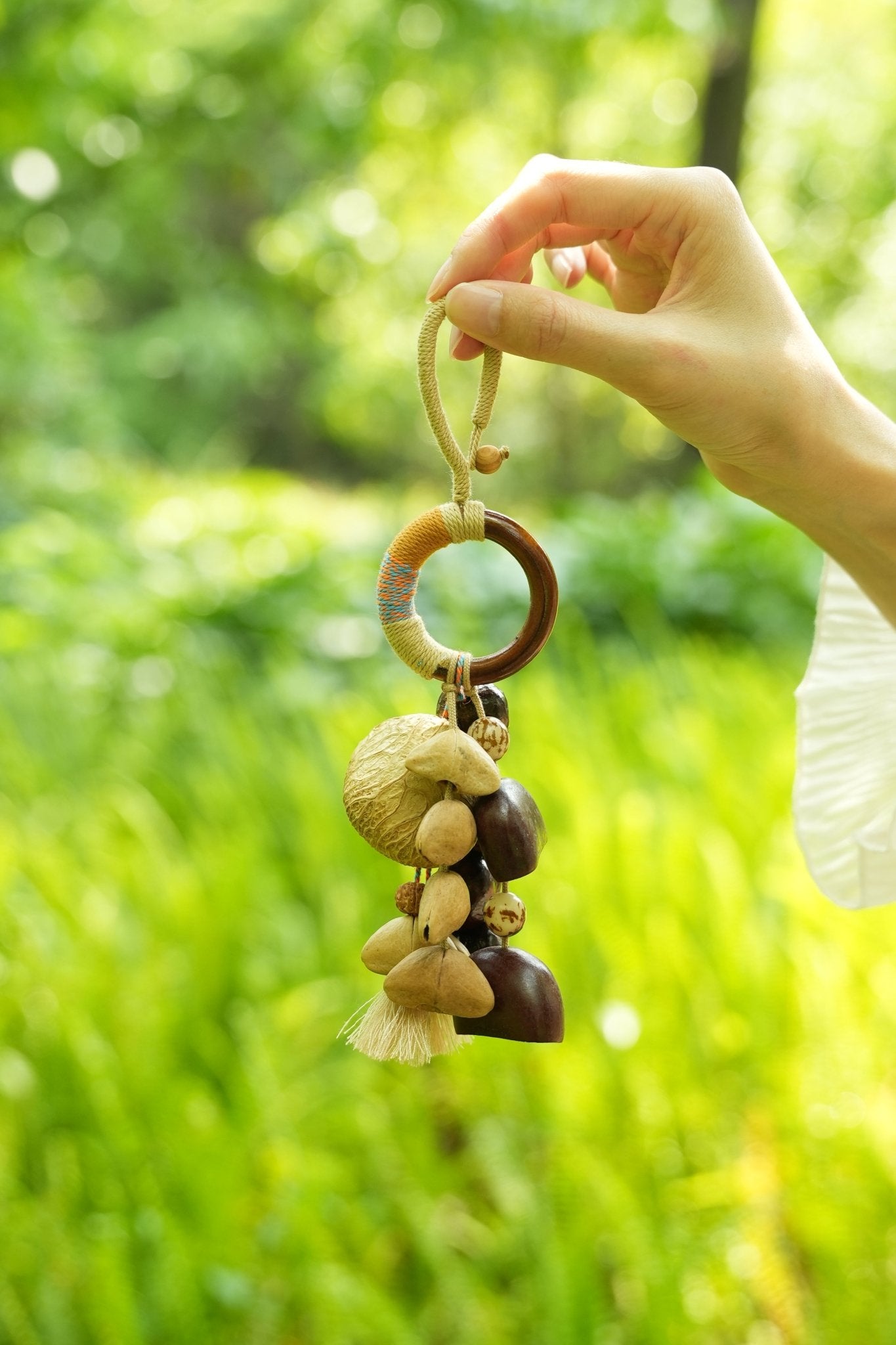 "The Artisan Hoop" - Yarn - Wrapped Wood Ring Charm with Natural Seeds & Tassel - Yunicrafts