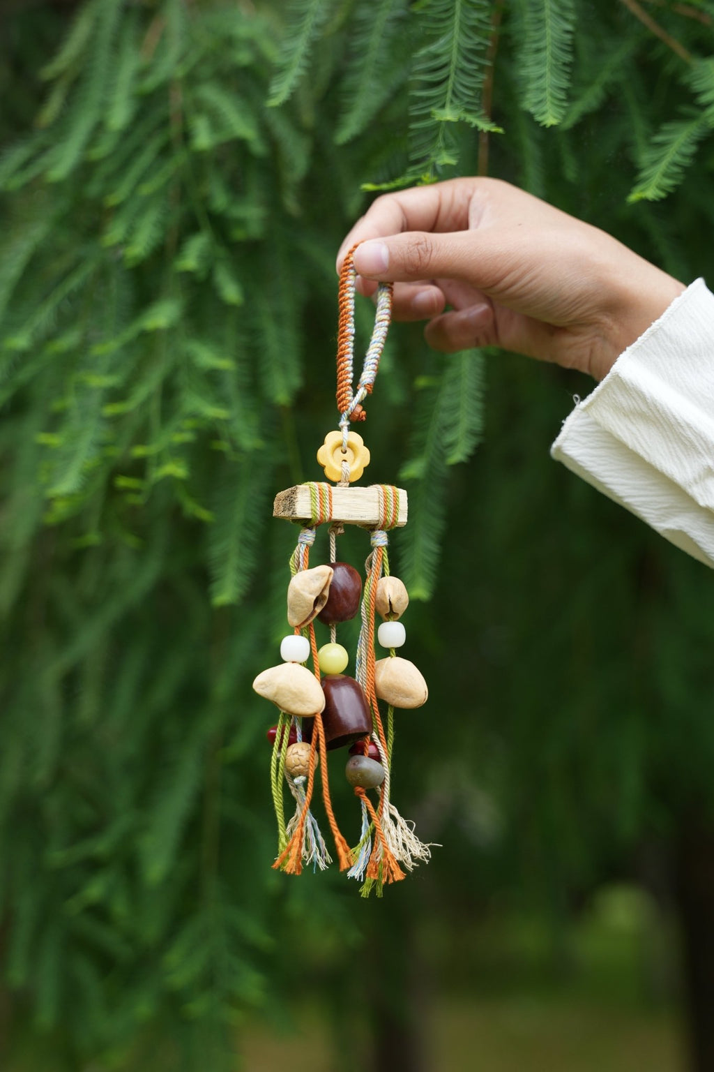 "The Autumn Mobile" - Wood Branch Charm with Flower Button & Fringe Tassels - Yunicrafts