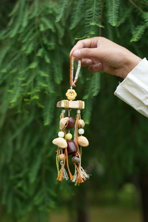 "The Autumn Mobile" - Wood Branch Charm with Flower Button & Fringe Tassels - Yunicrafts