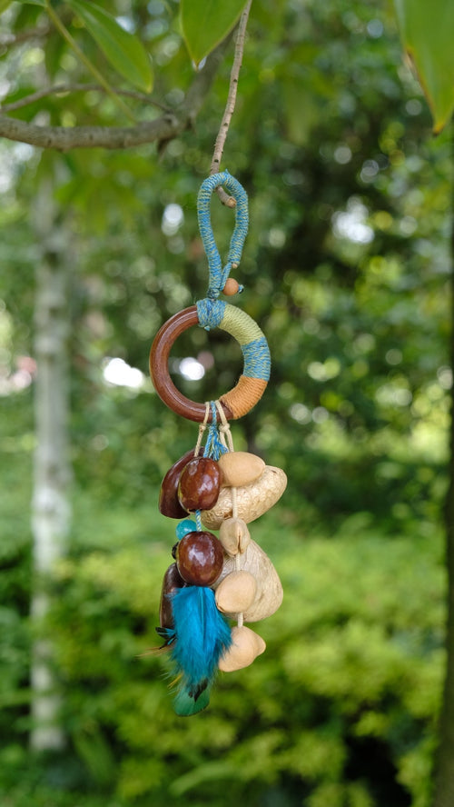 "The Azure Spirit" - Hand - Wrapped Wood Ring & Blue Feather Totem Charm - Yunicrafts