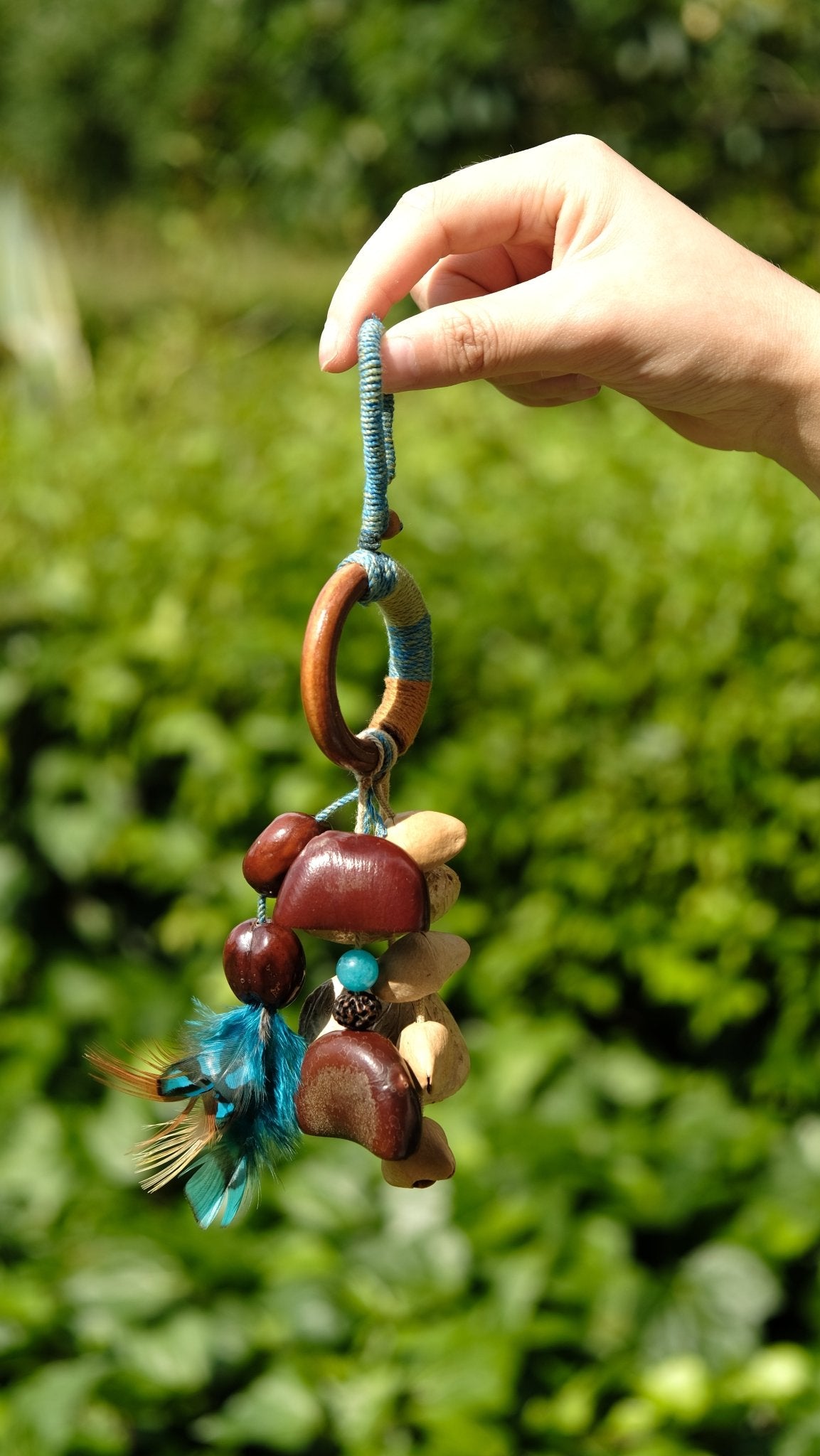 "The Azure Spirit" - Hand - Wrapped Wood Ring & Blue Feather Totem Charm - Yunicrafts