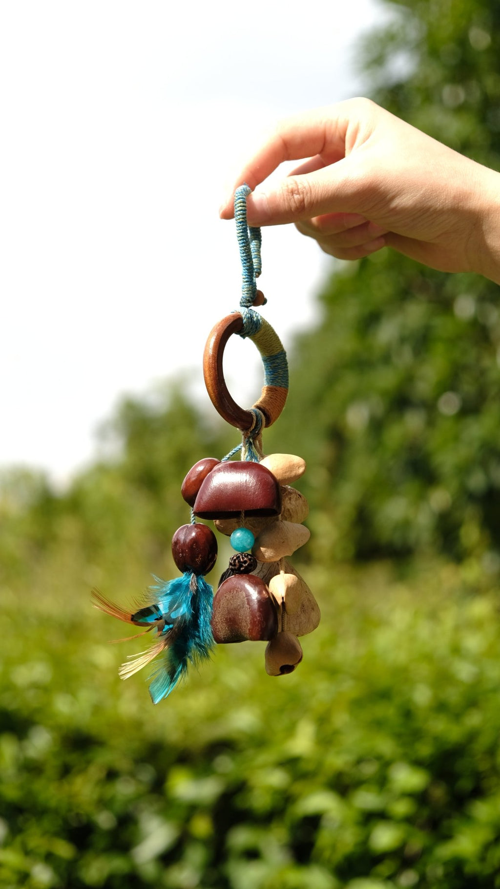 "The Azure Spirit" - Hand - Wrapped Wood Ring & Blue Feather Totem Charm - Yunicrafts